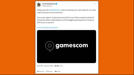 AMD Radeon RX 7800 XT Gamescom reveal: tweet showing AMD Senior Vice President, Scott Herkelman, discussing major product announcements at Gamescom.