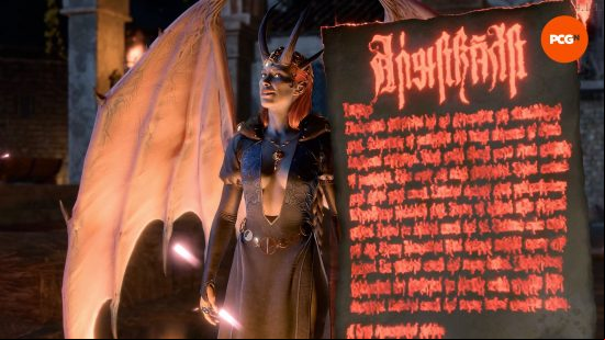 Baldur's Gate 3 review: a devil-looking woman with wings holds a contract, written in blood on a scroll made from human skin.