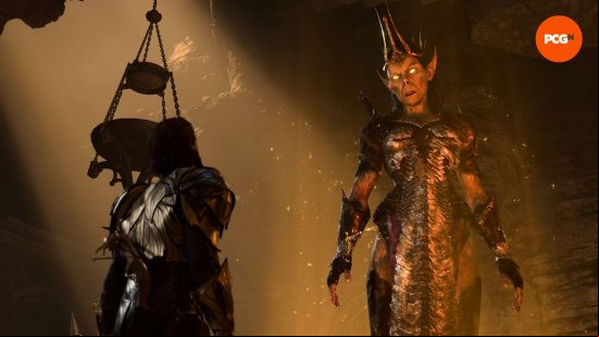 Baldur's Gate 3 review: a man stands before a god, three times the size of them and absolutely furious.