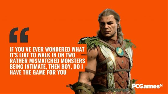 Baldur's Gate 3 review: A rugged blond haired man on an orange background next to a white quote