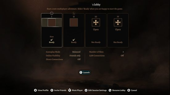 The Baldur's Gate 3 multiplayer screen showing two players on the same PC, with two controllers connected.