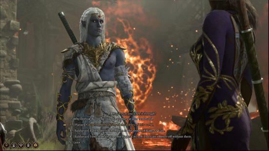 BG3 mods: a grey-skinned, white-haired man engages in conversation with another.