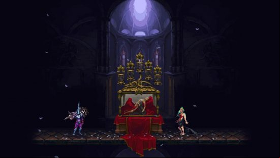 Blasphemous 2 review: The Penitent One approaches a winged saint lying in repose in a ceremonial reliquary, as an apparition of his living self looks on.