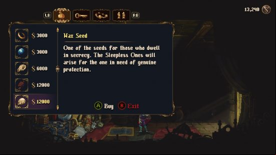 The shop inventory of Regina, the disembodied arm in the City of the Blessed Name, which includes the a Blasphemous 2 wax seed.