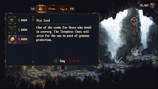 The shop inventory of Medardo and Escolástico, the traveling merchants of Cvstodia, which includes a Blasphemous 2 wax seed.