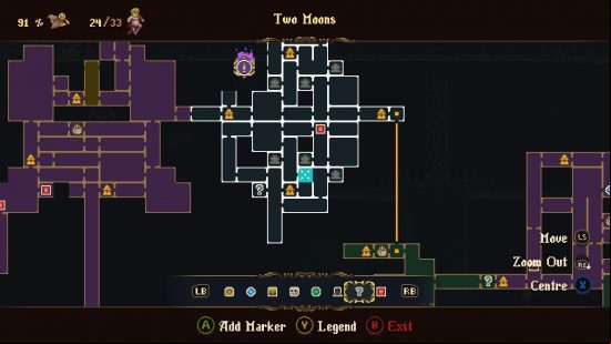 The map of Cvstodia that highlights the room including the Blasphemous 2 wax seed located in Two Moons.