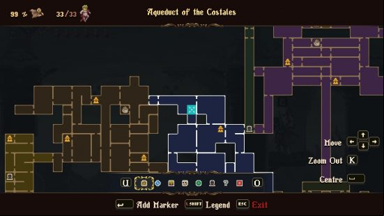 The map of Cvstodia that highlights the room including the Blasphemous 2 wax seed located in the Aqueduct of the Costales