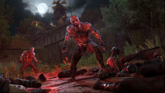 Three mutated, glowing zombies roaring at the camera in a moonlit forest