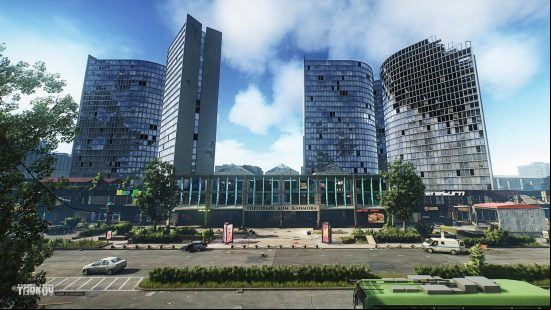 Escape From Tarkov 13.5 - a wide short of the highrise skyline in Streets of Tarkov.