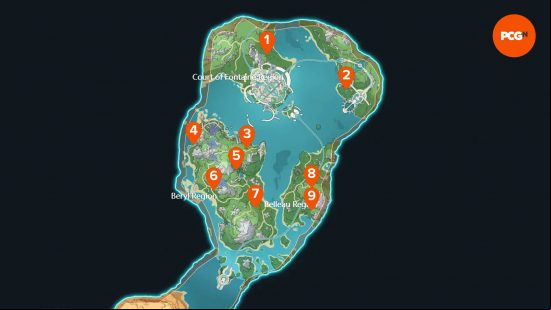 A map of the Fontaine region, showing the locations of Genshin Impact Lumidouce Bells.
