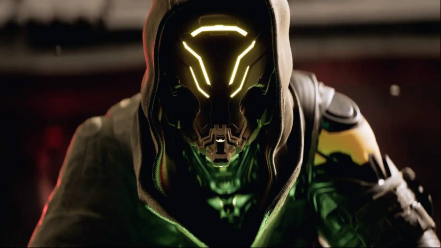 Ghostrunner 2: A robot creature with glowing golden lights wearing a hooded jacket looks into the camera