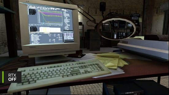 A screenshot from Half-Life 2, spotlighting a computer (left) and magnifying glass (right)