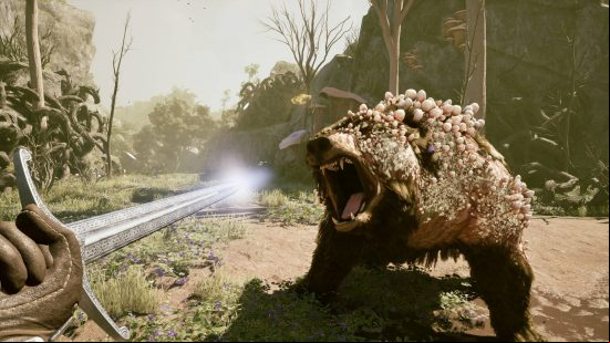 A man holding out a sword that glistens in the moonlight at a huge roaring bear with fungus on its back in a desolate forest