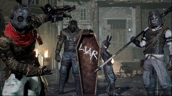 The Lies of P Black Rabbit Brotherhood surrounds a coffin with the word "Liar" painted on it.
