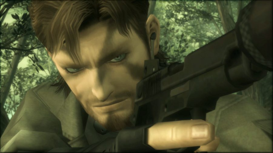 Metal Gear Solid: Snake is pointing a gun at an enemy in the jungle.