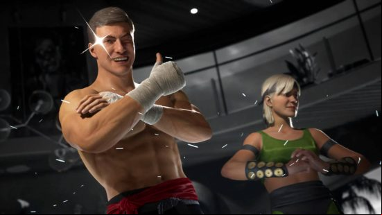 Johnny Cage, using Jean Claude Van Damme skin, putting his thumbs up as he ranks high on the MK1 tier list. Sonya is ready to fight.