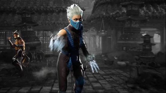 MK1 tier list: Frost is about to throw some frozen daggers at an enemy. Scorpion watches in the background.