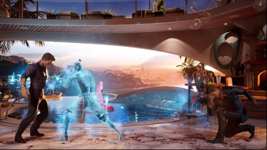 MK1 tier list - Kenshi is using a ghostly afterimage to stab Johnny Cage in the stomach. They are fighting inside Johnny's penthouse apartment.