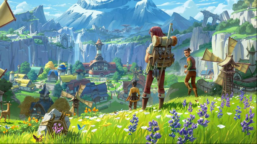 A cartoon woman and man wearing adventuring clothes stand in a green field in front of a huge mountain