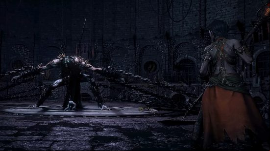 Path of Exile 2 release date estimate - a figure approaches a chained prisoner, held down by multiple steel chains attached to the floor, their eyes glowing brightly.