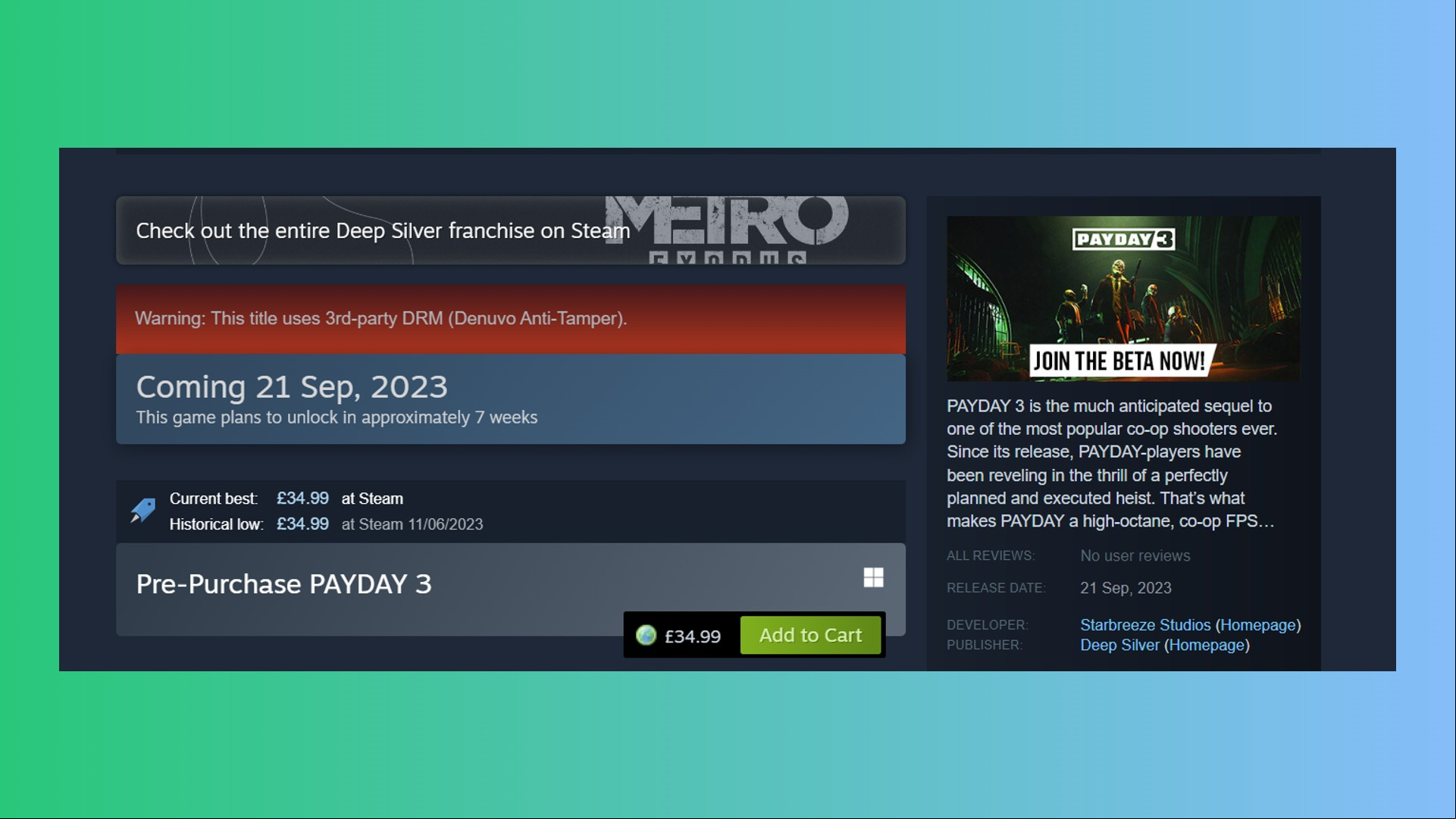 Payday 3 Denuvo: A shot from the Payday 3 Steam page showing that the FPS game uses Denuvo