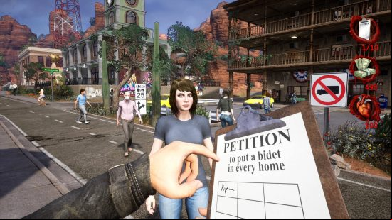 Postal pirate: the Postal guy is attempting to petition a woman to put a bidet in every home. He currently has one signature. 