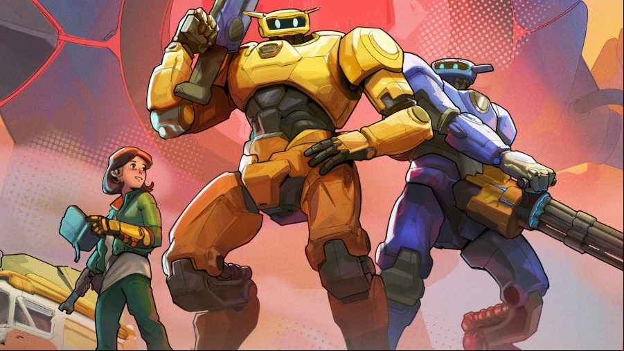 Roboquest - a woman and two large robots stand together.