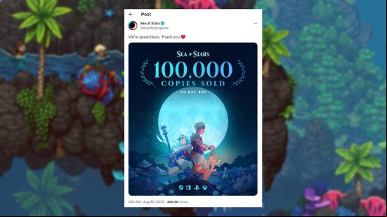 A tweet from the Sea of Stars developers Sabotage Studio showing that the game sold 100k copies on day one