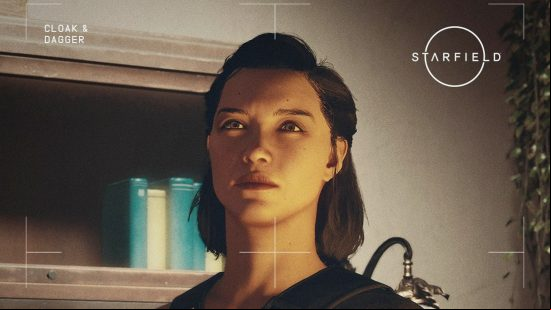 A close up of Starfield companion Andreja with the Starfield logo in the top right hand corner.