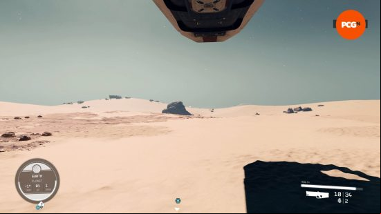 The iconic orange landscape of Starfield's Cydonia, with a smattering of twinkling stars overhead.