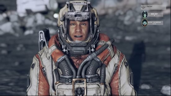Starfield crew: a man wearing a space suit, standing on a barren moon.