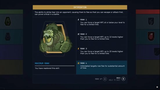 Starfield best melee build: a menu screen showing a skill the player can take, it causes an NPC to flee in terror.