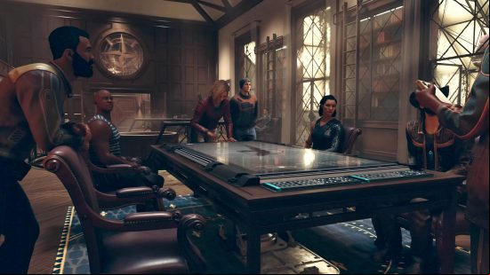 Several people sat around a table in a meeting room to discuss the next steps in a Starfield pacifist run.