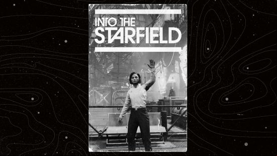 The player character stands in Neon City in Starfield photo mode, framed by a magazine filter with a greyscale colour scheme.