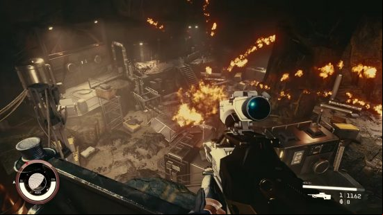 Starfield ranged build best: a person holding a sniper rifle witnesses several explosions.