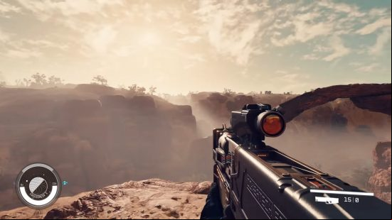 Starfield ranged build best: a person holding a rifle looks at a beautiful vista.