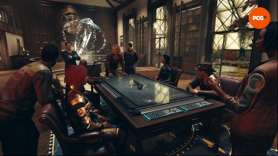 Constellation  huddle around a table in the faction's Masonic lodge, the artifacts coalescing into an atomic shape behind them as we pursue the main questline for our Starfield review.