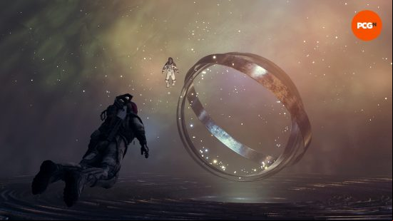 The player character approaches an enormous structure consisting of concentric rings that spin lazily, motes of light dancing around it within a darkened temple, just one of many discoveries in our Starfield review.