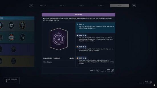 Starfield stealth: a menu showing the security skill in Starfield.
