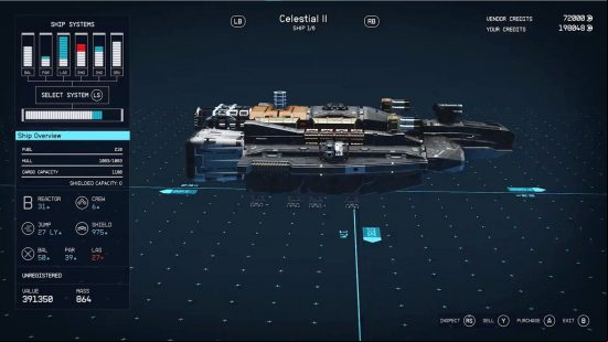 A dark colored Starfield ship in the customization screen, with the name Celestial II at the top.