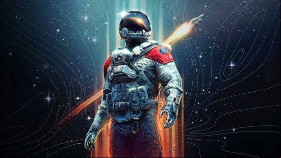 A figure in a Starfield space suit looks up at the sky as a sun cresting over the surface of a planet reflects in the suit's visor.
