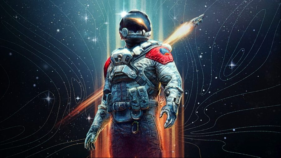A figure in a Starfield space suit looks up at the sky as a sun cresting over the surface of a planet reflects in the suit's visor.