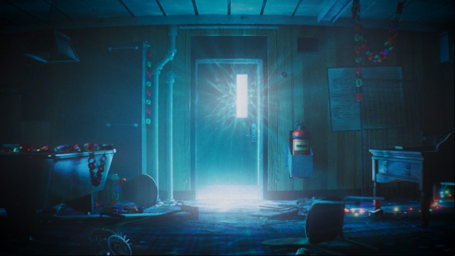 Still Wakes the Deep: A dimly lit corridor in a mechanical area with a door wat the end with a white light shining behind it