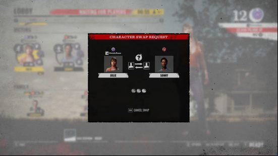The character swap screen in The Texas Chain Saw Massacre, showing a requested swap between Julie and Sonny.