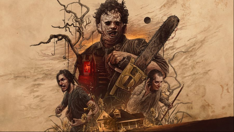 Key art for The Texas Chain Saw Massacre game, showing Leatherface, Hitchhiker, and Cook, with the family house.