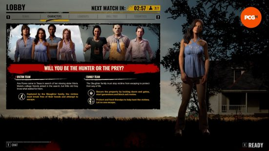 Character selection screen in The Texas Chain Saw Massacre shows Ana, and a tutorial screen which asks "will you be the hunter or the prey