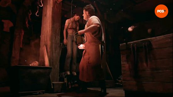 Bubba wields a chainsaw in his basement, while a young man hangs from a meat hook in The Texas Chain Saw Massacre game.