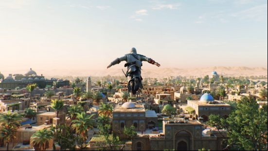 How long is Assassin's Creed Mirage: A rear view of a man in white swan diving off a tall building in ancient Baghdad mid-flight with his arms out and legs together.