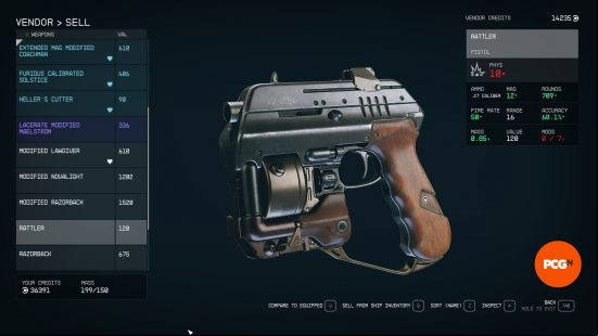 The basic Rattler, one of the Starfield ballistic weapons, appears in a list of item available to purchase from a vendor.