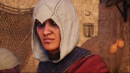 Roshan, the master assassin that serves as Basim's mentor, cloaked in the white cowl of the Hidden Ones and voiced by Shohreh Aghdashloo from the Assassin's Creed Mirage voice actor cast list.